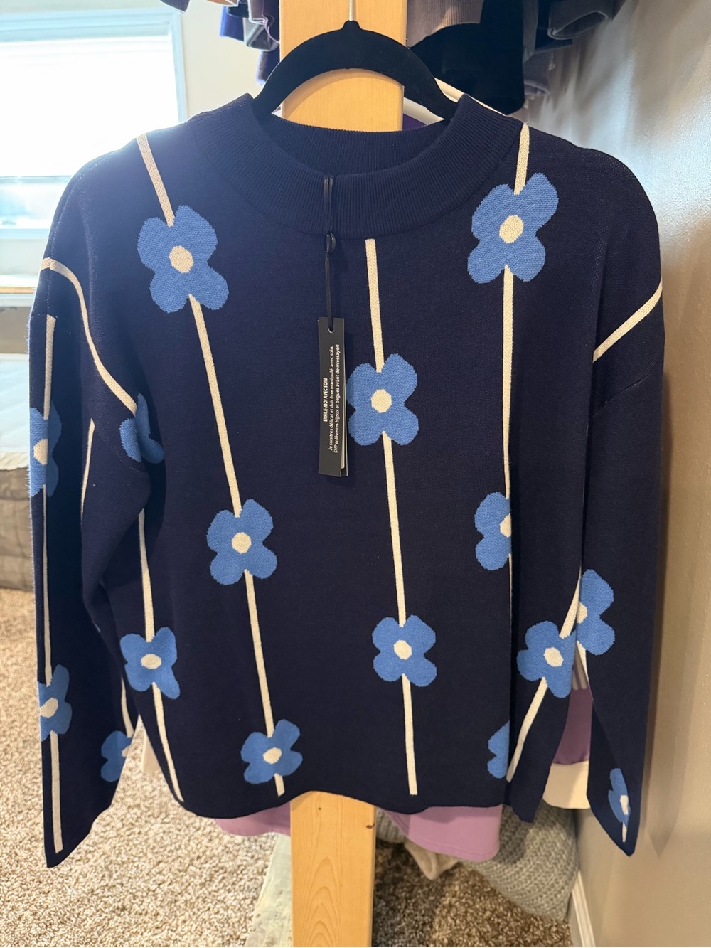 NWT CHARLIE B Navy Sweater with Light Blue Floral Stripe Motif